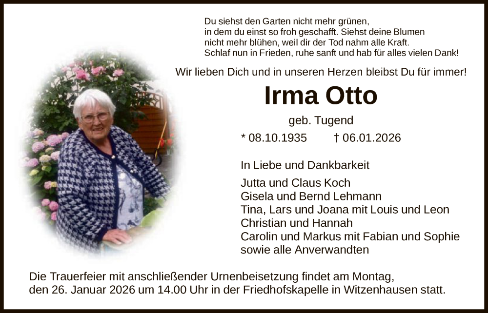  Traueranzeige für Irma Otto vom 17.01.2026 aus HNA