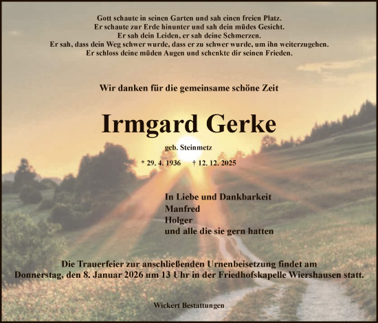 Traueranzeige von Irmgard Gerke von HNA