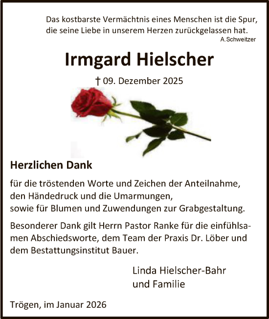 Traueranzeige von Irmgard Hielscher von HNA