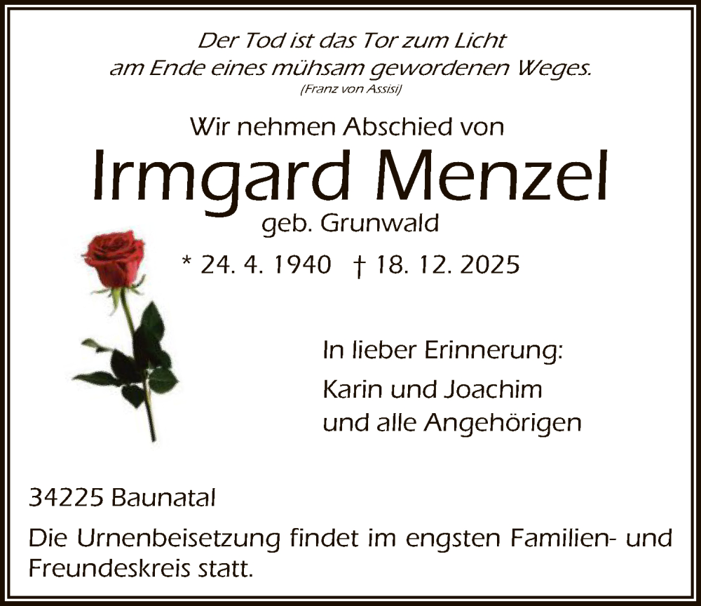  Traueranzeige für Irmgard Menzel vom 03.01.2026 aus HNA