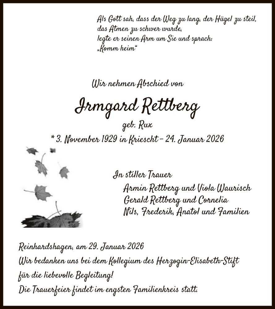  Traueranzeige für Irmgard Rettberg vom 29.01.2026 aus HNA