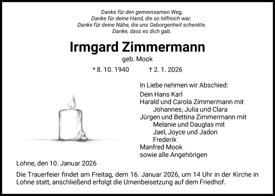 Traueranzeige von Irmgard Zimmermann von HNA