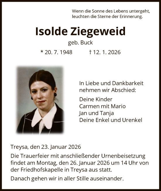 Traueranzeige von Isolde Ziegeweid von HNA