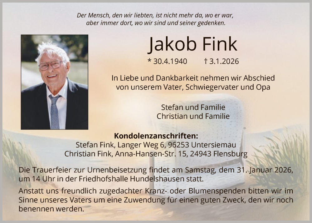  Traueranzeige für Jakob Fink vom 17.01.2026 aus HNA