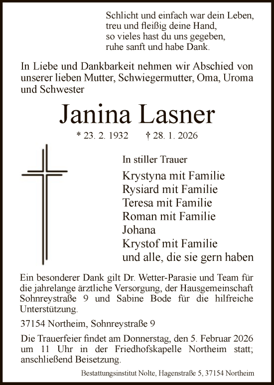 Traueranzeige von Janina Lasner von HNA