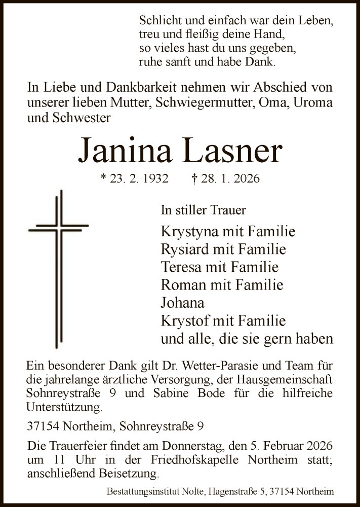  Traueranzeige für Janina Lasner vom 31.01.2026 aus HNA