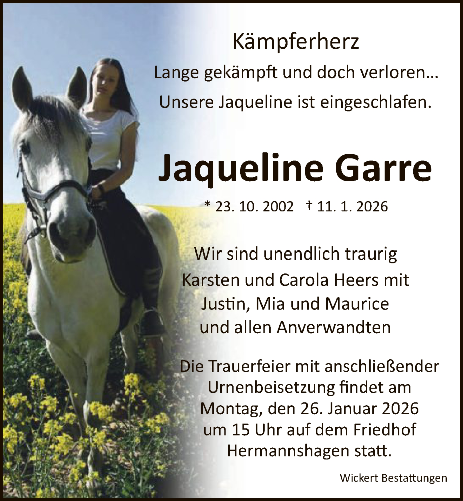  Traueranzeige für Jaqueline Garre vom 24.01.2026 aus HNA