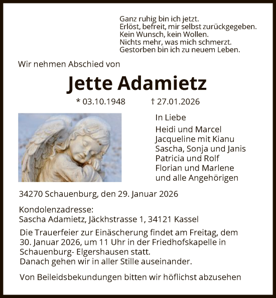 Traueranzeige von Jette Adamietz von HNA