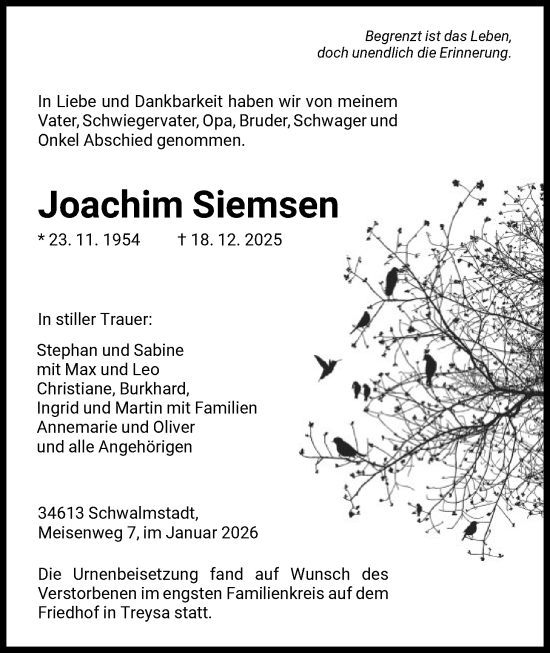 Traueranzeige von Joachim Siemsen von HNA