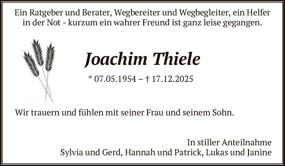  Traueranzeige für Joachim Thiele vom 03.01.2026 aus HNA