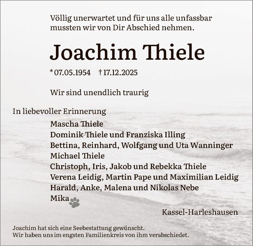  Traueranzeige für Joachim Thiele vom 03.01.2026 aus HNA