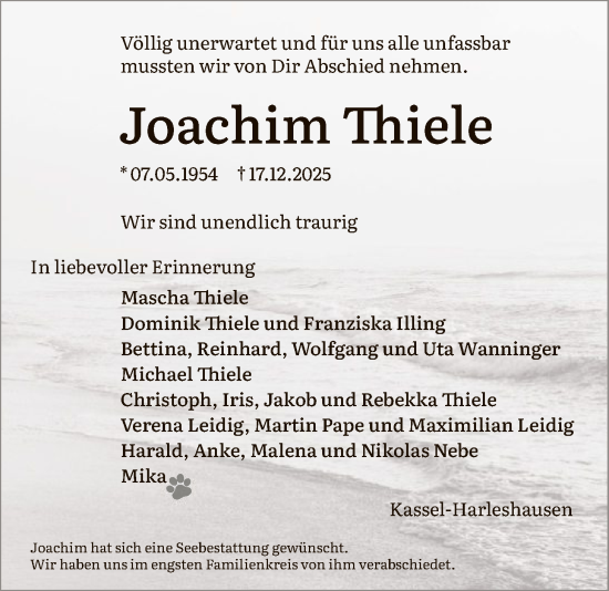 Traueranzeige von Joachim Thiele von HNA