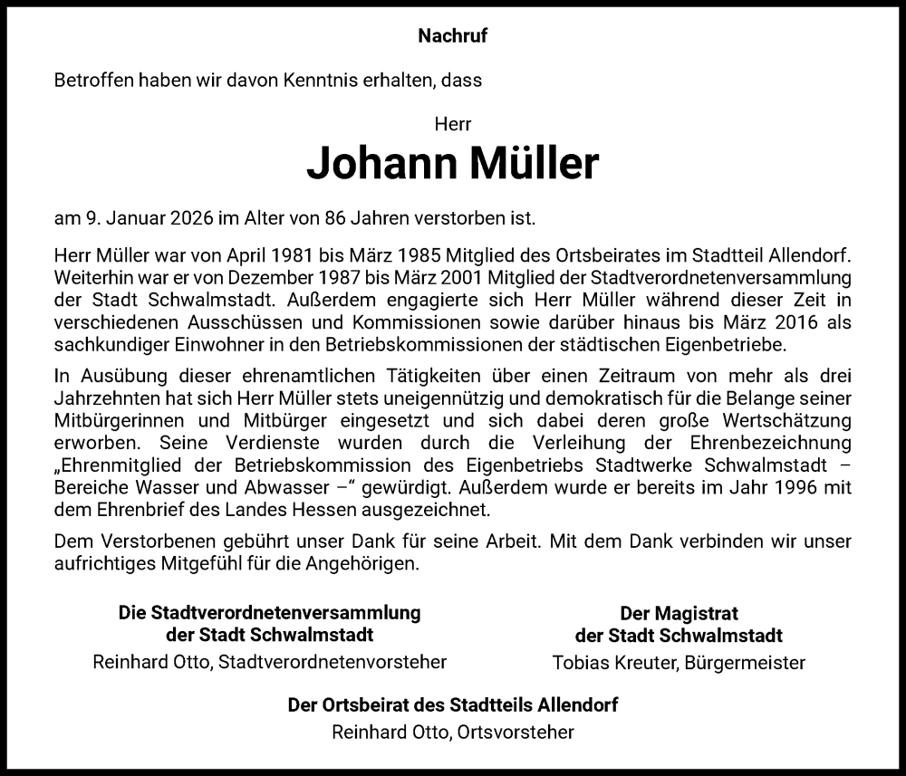  Traueranzeige für Johann Müller vom 30.01.2026 aus HNA