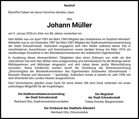 Traueranzeige von Johann Müller von HNA