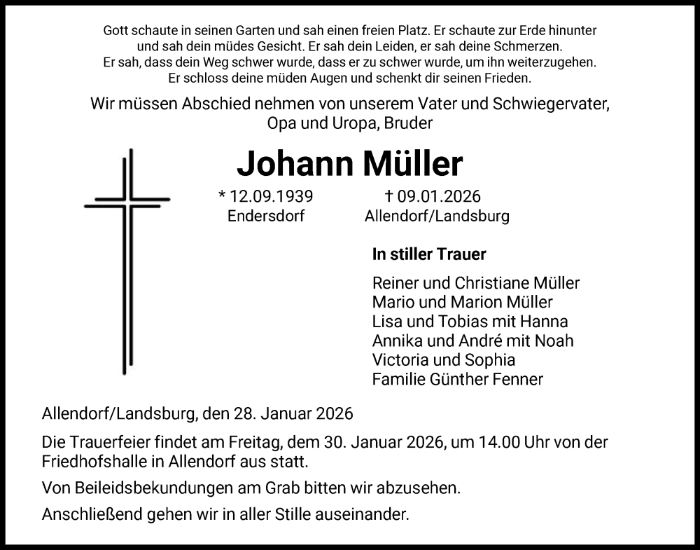  Traueranzeige für Johann Müller vom 28.01.2026 aus HNA