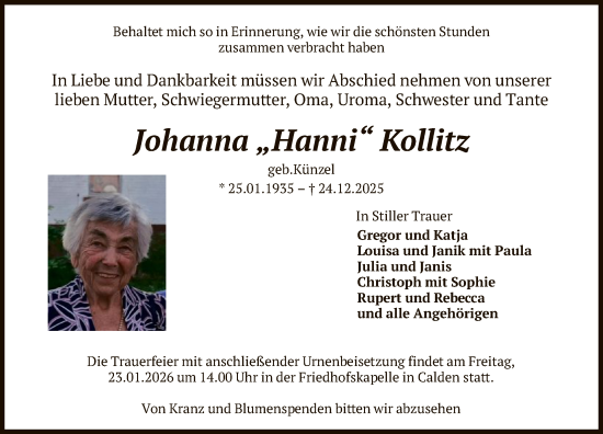 Traueranzeige von Johanna Kollitz von HNA