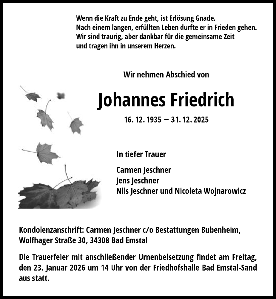 Traueranzeige für Johannes Friedrich vom 17.01.2026 aus HNA