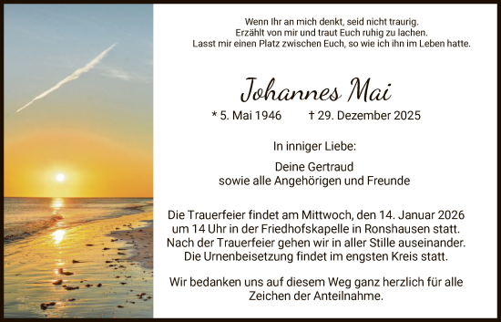 Traueranzeige von Johannes Mai von HNA