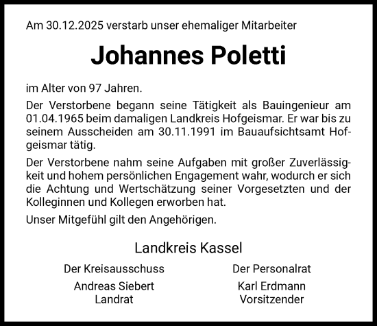 Traueranzeige von Johannes Poletti von HNA