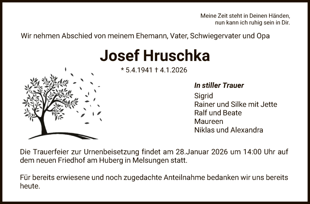  Traueranzeige für Josef Hruschka vom 24.01.2026 aus HNA