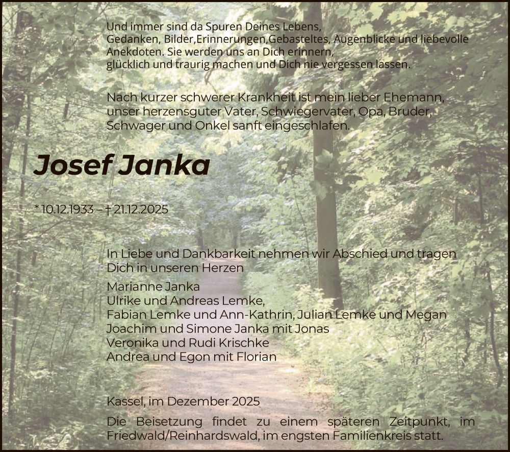  Traueranzeige für Josef Janka vom 03.01.2026 aus HNA