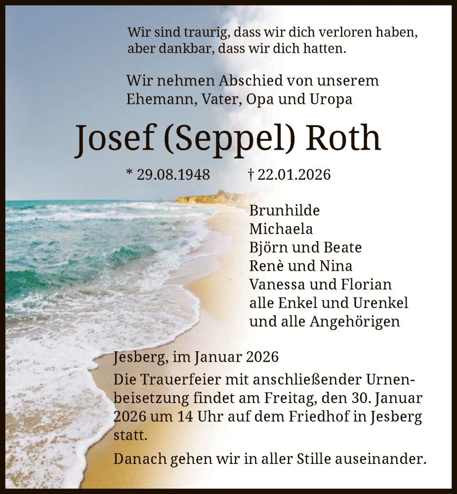  Traueranzeige für Josef Roth vom 27.01.2026 aus HNA
