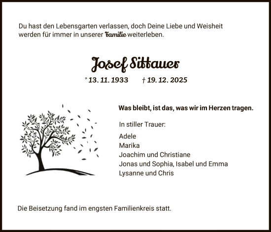 Traueranzeige von Josef Sittauer von HNA