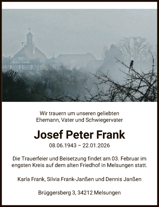 Traueranzeige von Josef Peter Frank von HNA