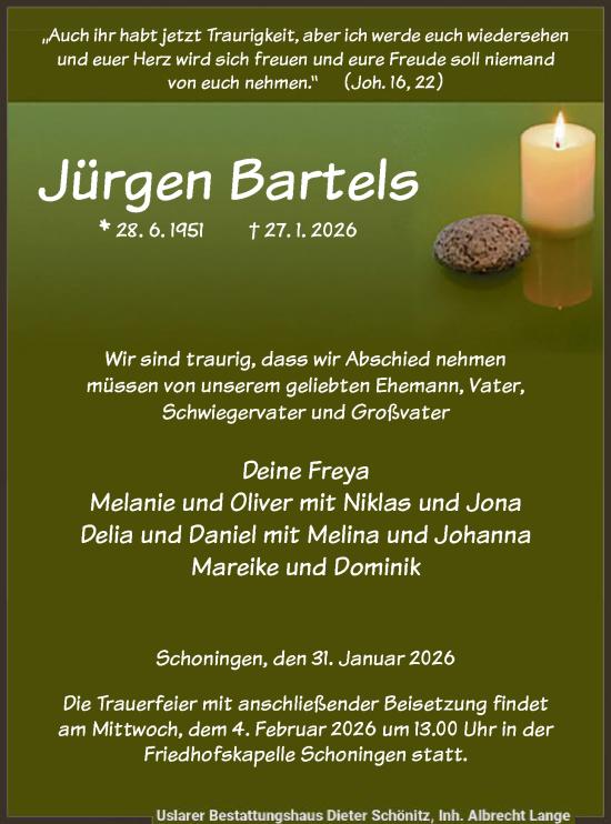 Traueranzeige von Jürgen Bartels von HNA