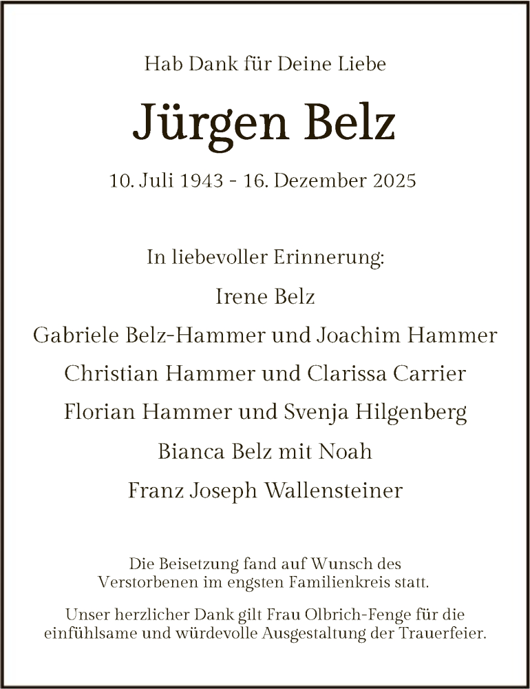  Traueranzeige für Jürgen Belz vom 03.01.2026 aus HNA