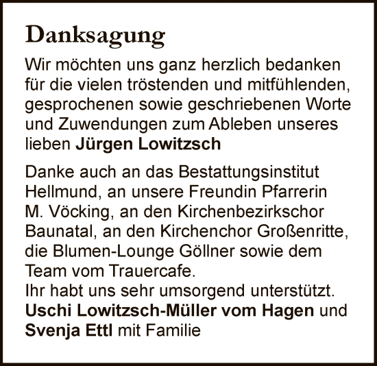 Traueranzeige von Jürgen Lowitzsch von HNA