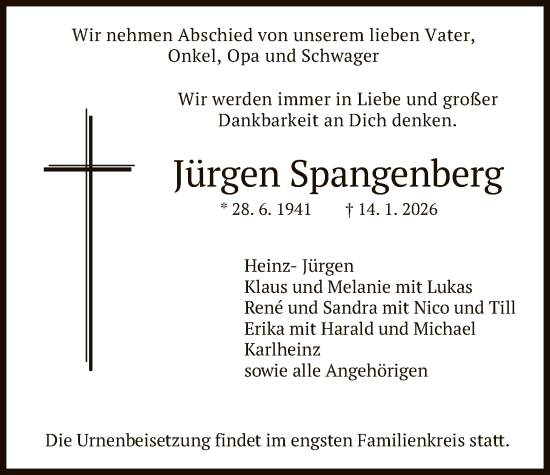 Traueranzeige von Jürgen Spangenberg von HNA
