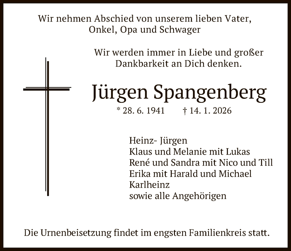  Traueranzeige für Jürgen Spangenberg vom 31.01.2026 aus HNA