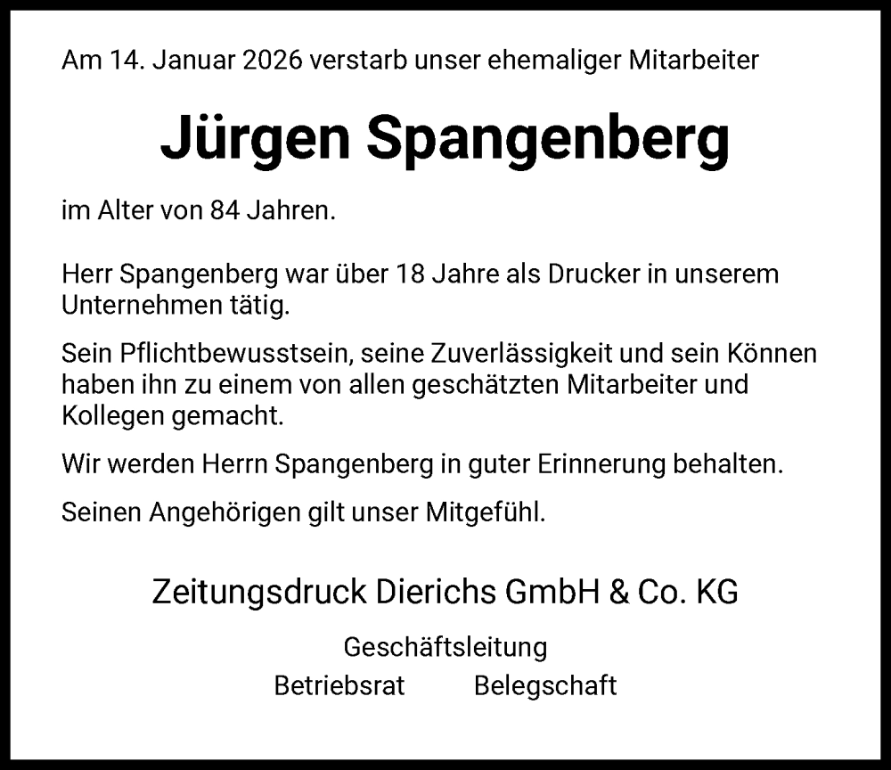  Traueranzeige für Jürgen Spangenberg vom 31.01.2026 aus HNA