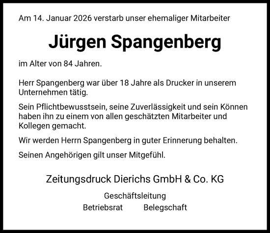 Traueranzeige von Jürgen Spangenberg von HNA