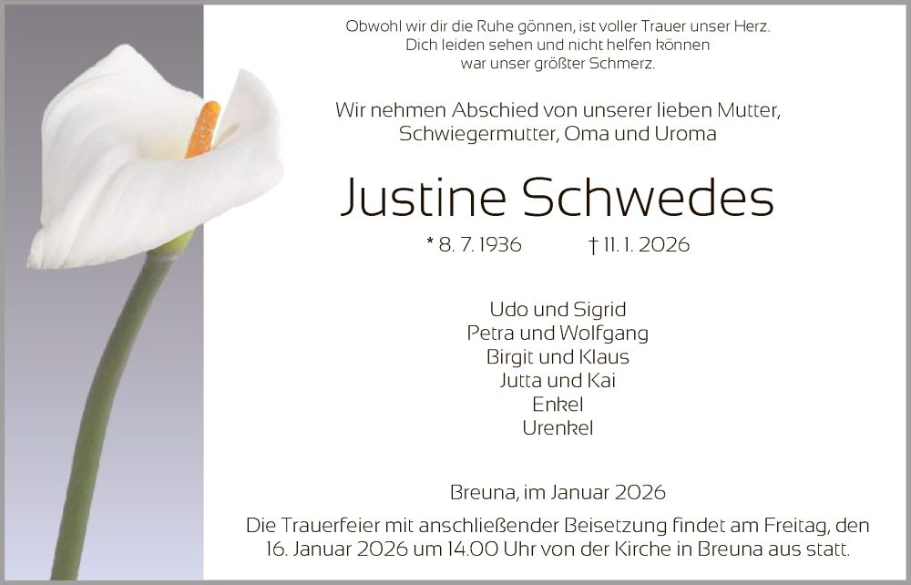  Traueranzeige für Justine Schwedes vom 15.01.2026 aus HNA