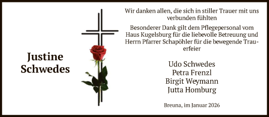 Traueranzeige von Justine Schwedes von HNA
