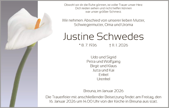 Traueranzeige von Justine Schwedes von HNA
