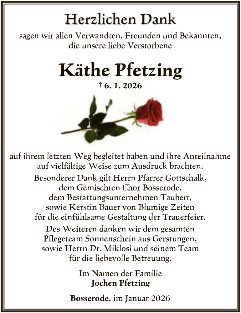  Traueranzeige für Käthe Pfetzing vom 31.01.2026 aus HNAHN