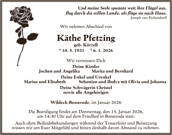 Traueranzeige von Käthe Pfetzing von HNA