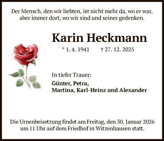 Traueranzeige von Karin Heckmann von HNA