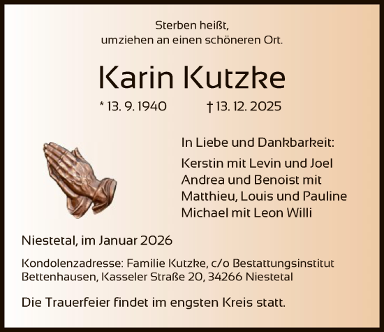 Traueranzeige von Karin Kutzke von HNA