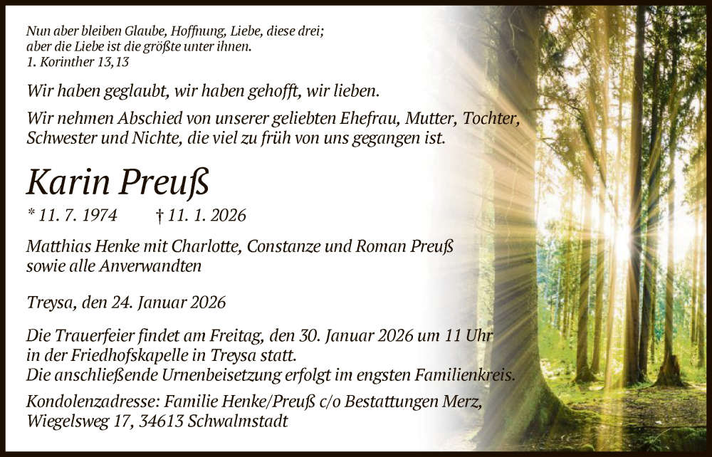  Traueranzeige für Karin Preuß vom 24.01.2026 aus HNA