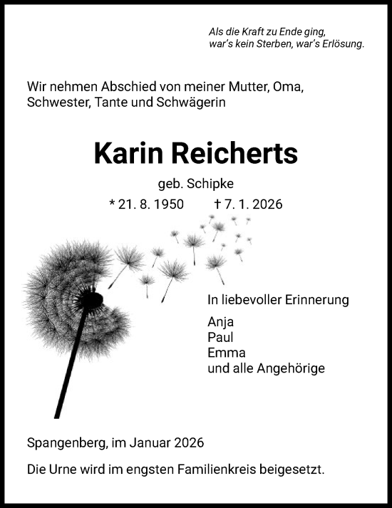 Traueranzeige von Karin Reicherts von HNA