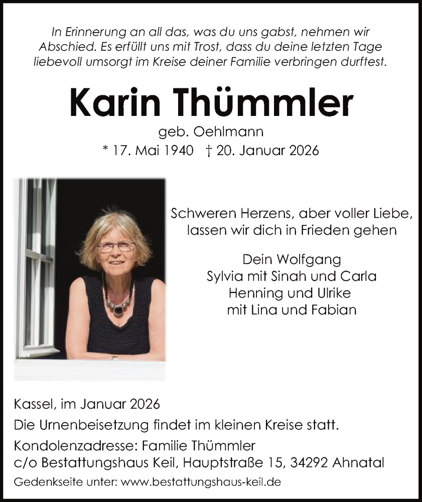  Traueranzeige für Karin Thümmler vom 30.01.2026 aus HNA