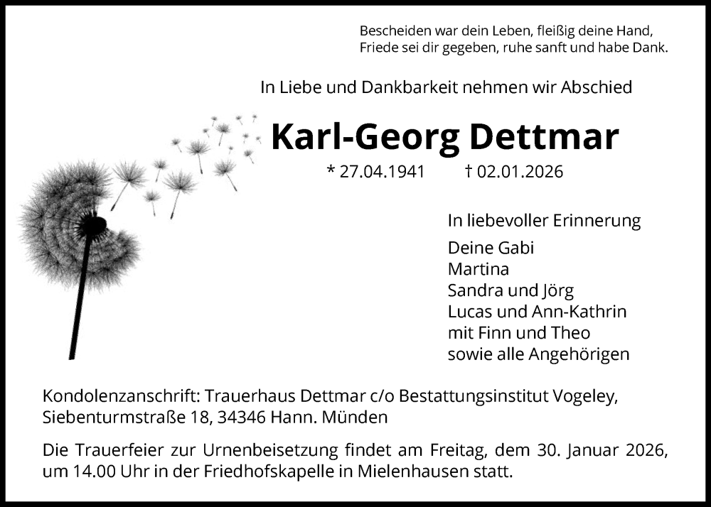  Traueranzeige für Karl-Georg Dettmar vom 24.01.2026 aus HNA