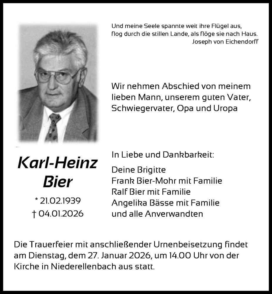  Traueranzeige für Karl-Heinz Bier vom 24.01.2026 aus HNA
