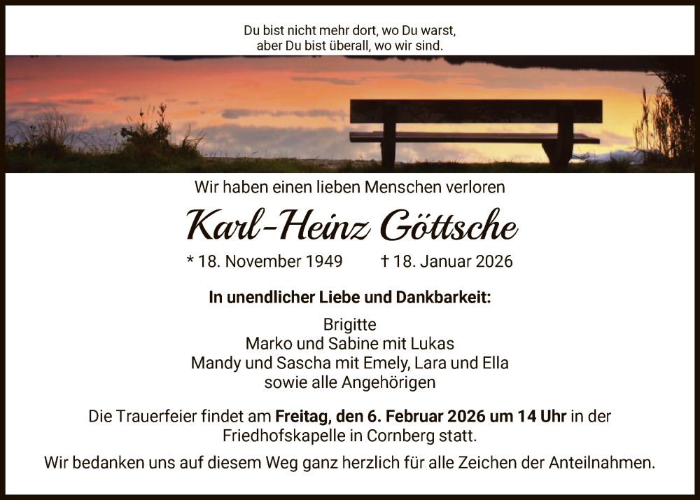  Traueranzeige für Karl-Heinz Göttsche vom 31.01.2026 aus HNA