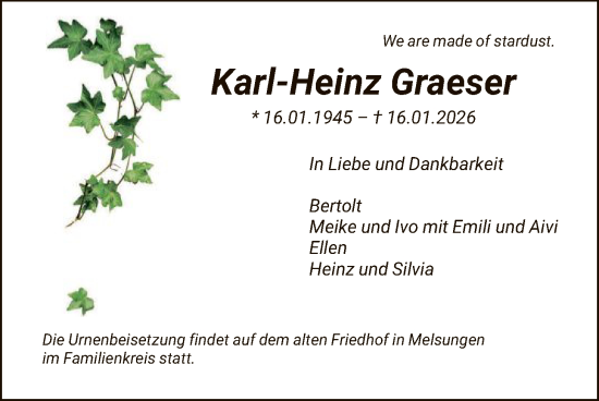 Traueranzeige von Karl-Heinz Graeser von HNA
