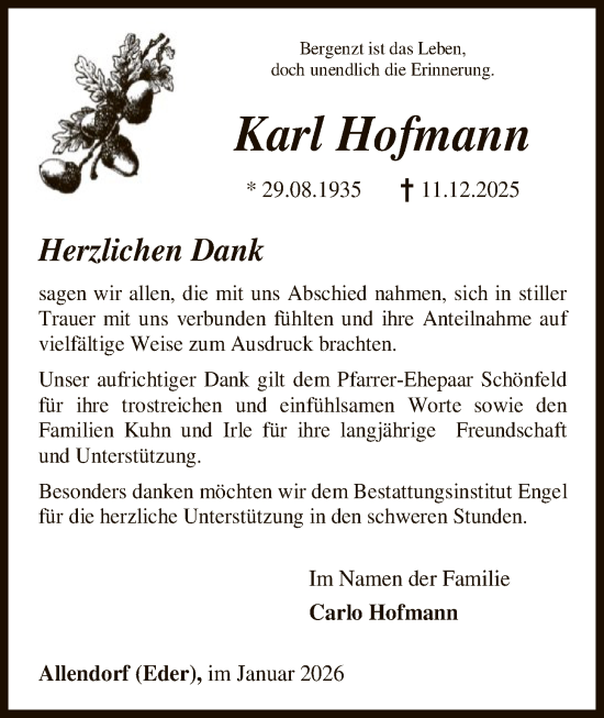 Traueranzeige von Karl Hofmann von HNA